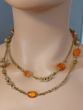 Goldtone 36" Long Station Bead Necklace Orange Filligree Ornate